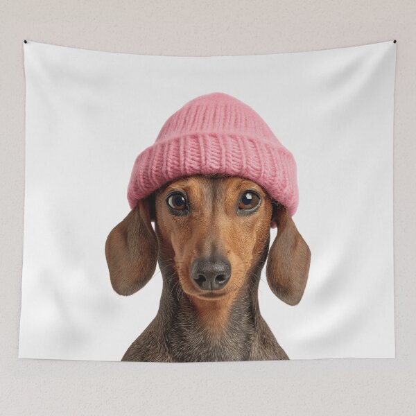 Item preview, Cozy Dachshund dog Wearing Pink Winter Hat Trendy Animal Fashion Artwork designed and sold by LazyOwlStore.