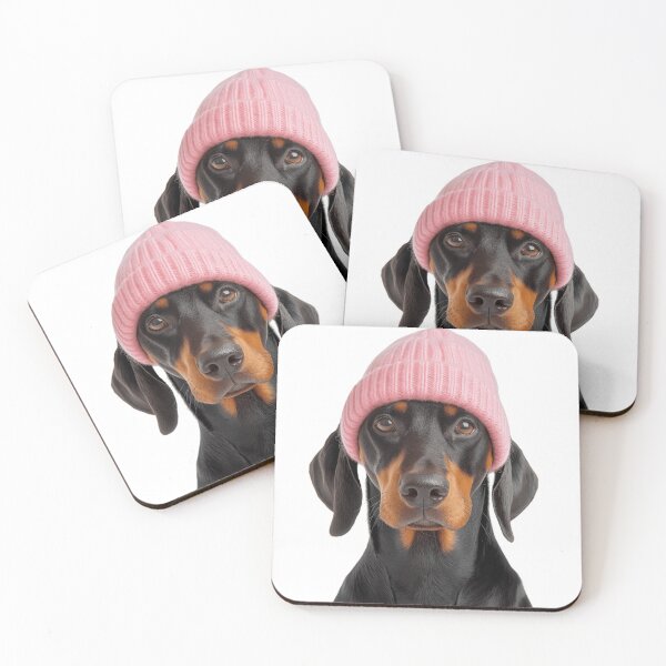 Item preview, Cozy Doberman Pinscher dog Wearing Pink Winter Hat Trendy Animal Fashion Artwork designed and sold by LazyOwlStore.