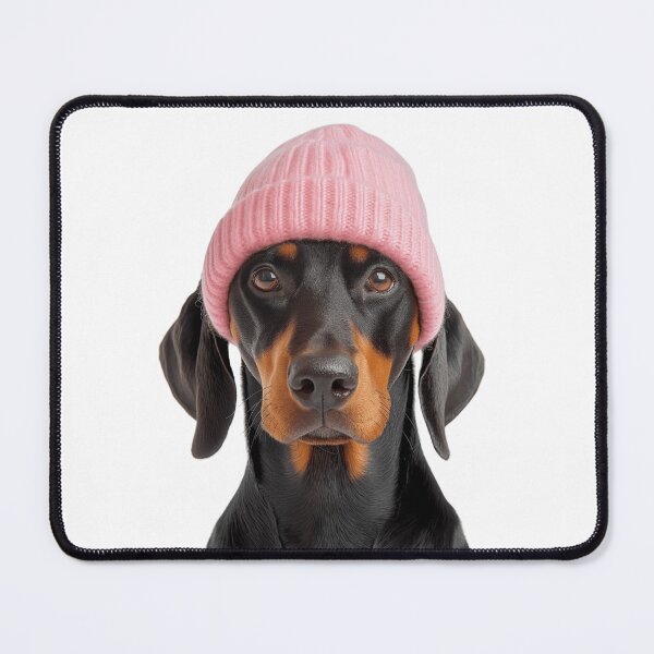 Item preview, Cozy Doberman Pinscher dog Wearing Pink Winter Hat Trendy Animal Fashion Artwork designed and sold by LazyOwlStore.