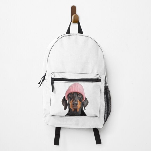 Item preview, Cozy Doberman Pinscher dog Wearing Pink Winter Hat Trendy Animal Fashion Artwork designed and sold by LazyOwlStore.