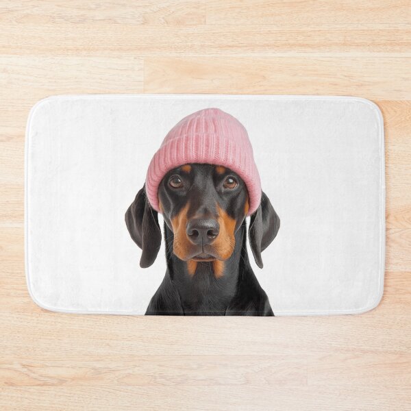 Item preview, Cozy Doberman Pinscher dog Wearing Pink Winter Hat Trendy Animal Fashion Artwork designed and sold by LazyOwlStore.