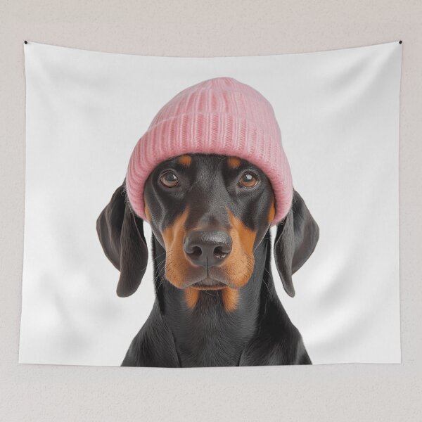 Item preview, Cozy Doberman Pinscher dog Wearing Pink Winter Hat Trendy Animal Fashion Artwork designed and sold by LazyOwlStore.