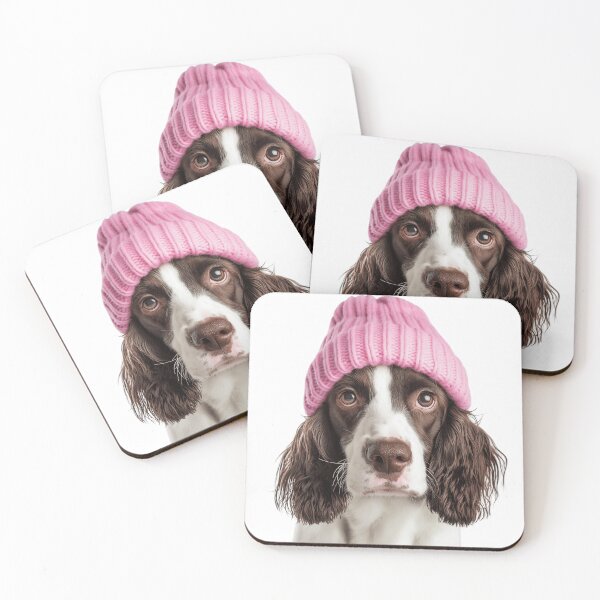 Item preview, Cozy English Springer Spaniel dog Wearing Pink Winter Hat Trendy Animal Fashion Artwork designed and sold by LazyOwlStore.