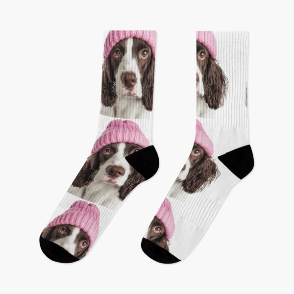 Item preview, Cozy English Springer Spaniel dog Wearing Pink Winter Hat Trendy Animal Fashion Artwork designed and sold by LazyOwlStore.