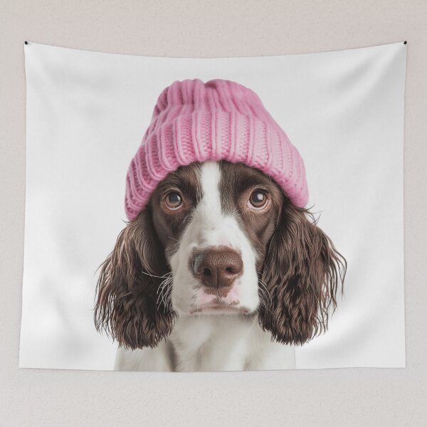Item preview, Cozy English Springer Spaniel dog Wearing Pink Winter Hat Trendy Animal Fashion Artwork designed and sold by LazyOwlStore.