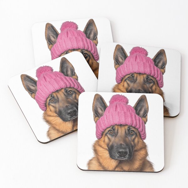 Item preview, Cozy German Shepherd dog Wearing Pink Winter Hat Trendy Animal Fashion Artwork designed and sold by LazyOwlStore.