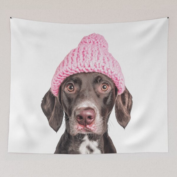 Item preview, Cozy German Shorthaired Pointer dog Wearing Pink Winter Hat Trendy Animal Fashion Artwork designed and sold by LazyOwlStore.