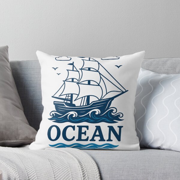 Item preview, Vintage navy blue sailboat on white waves with clouds designed and sold by NautilusPrint.