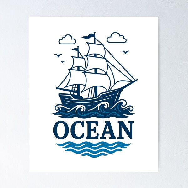 Item preview, Vintage navy blue sailboat on white waves with clouds designed and sold by NautilusPrint.