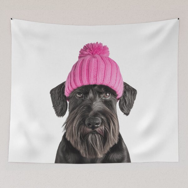 Item preview, Cozy Giant Schnauzer dog Wearing Pink Winter Hat Trendy Animal Fashion Artwork designed and sold by LazyOwlStore.