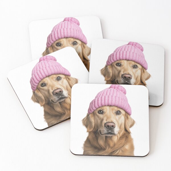 Item preview, Cozy Golden Retriever dog Wearing Pink Winter Hat Trendy Animal Fashion Artwork designed and sold by LazyOwlStore.