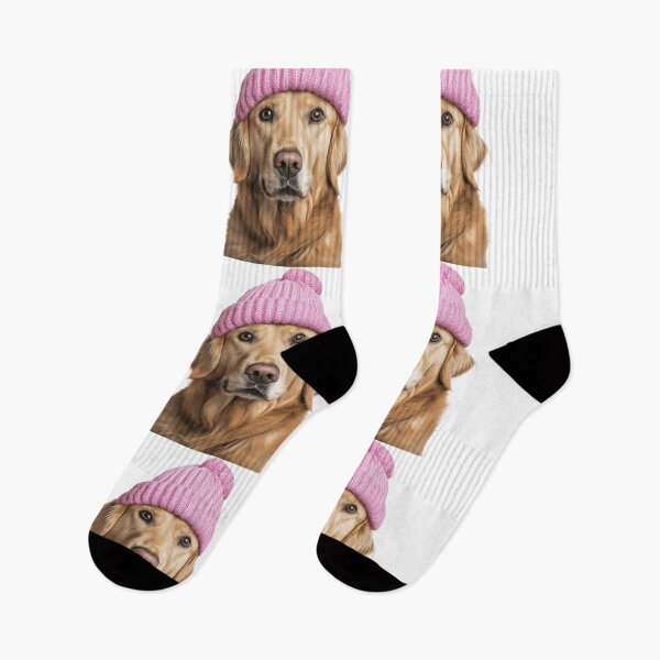Item preview, Cozy Golden Retriever dog Wearing Pink Winter Hat Trendy Animal Fashion Artwork designed and sold by LazyOwlStore.