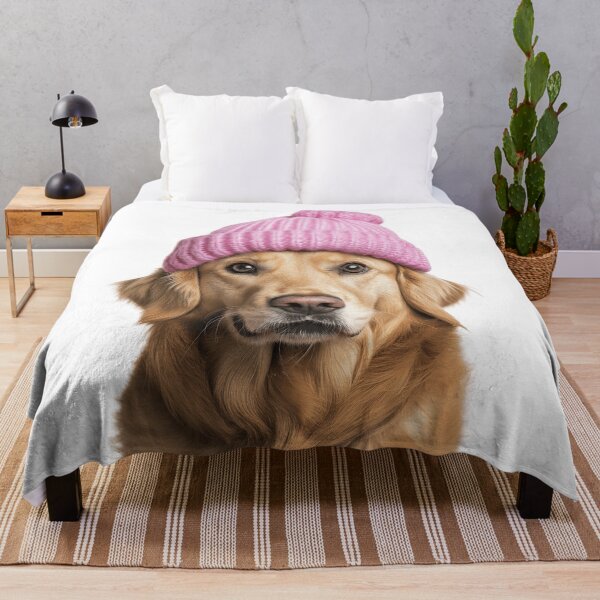 Item preview, Cozy Golden Retriever dog Wearing Pink Winter Hat Trendy Animal Fashion Artwork designed and sold by LazyOwlStore.
