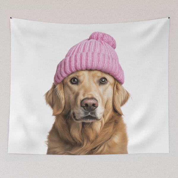 Item preview, Cozy Golden Retriever dog Wearing Pink Winter Hat Trendy Animal Fashion Artwork designed and sold by LazyOwlStore.