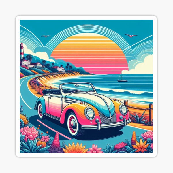 Item preview, Vintage Convertible Car – Colorful Coastal Road Vector Art designed and sold by ashokreddy343.