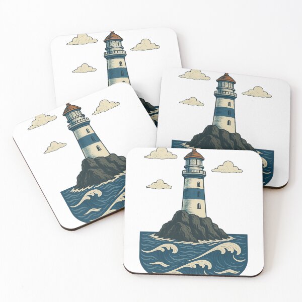Item preview, Lighthouse on rock above the waves – retro marine style designed and sold by NautilusPrint.
