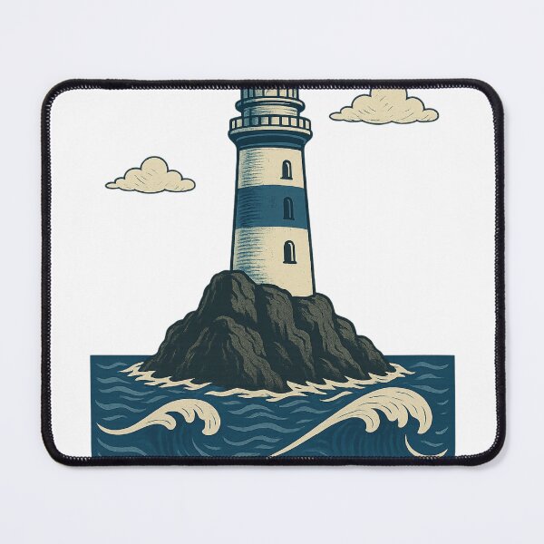 Item preview, Lighthouse on rock above the waves – retro marine style designed and sold by NautilusPrint.