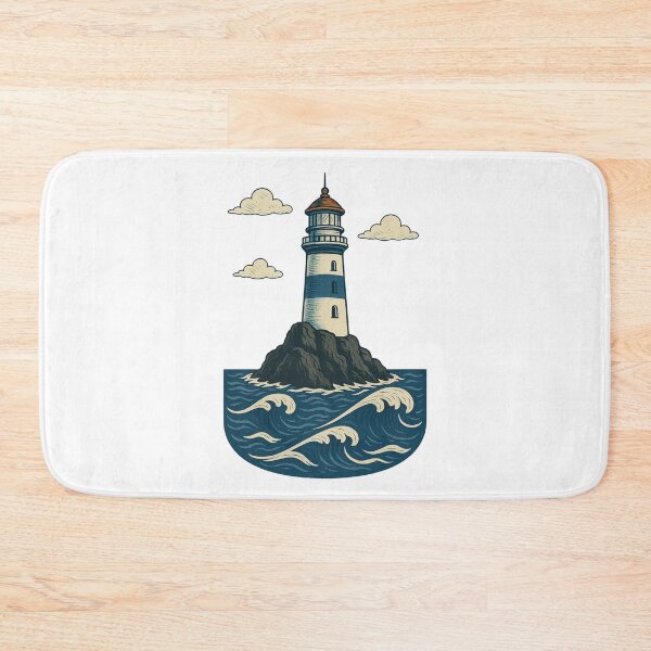 Item preview, Lighthouse on rock above the waves – retro marine style designed and sold by NautilusPrint.
