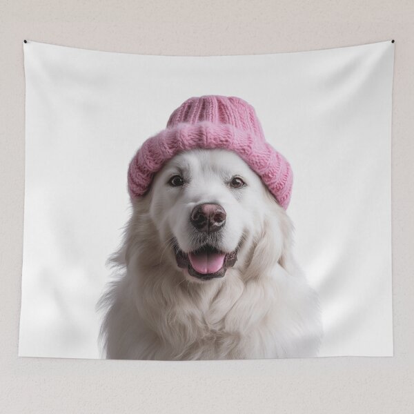 Item preview, Cozy Great Pyrenees dog Wearing Pink Winter Hat Trendy Animal Fashion Artwork designed and sold by LazyOwlStore.