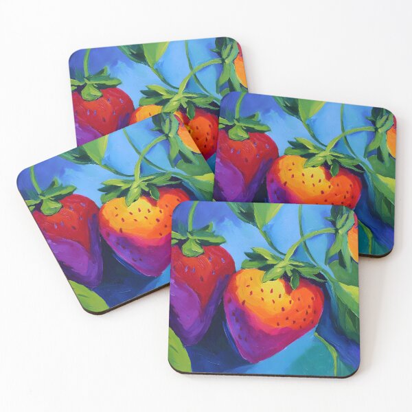 Item preview, Vivid Strawberries in Rich Red Purple and Orange Hues Surrounded by Lush Green Leaves Against Bold Blue Background designed and sold by OlfactoART Studio.