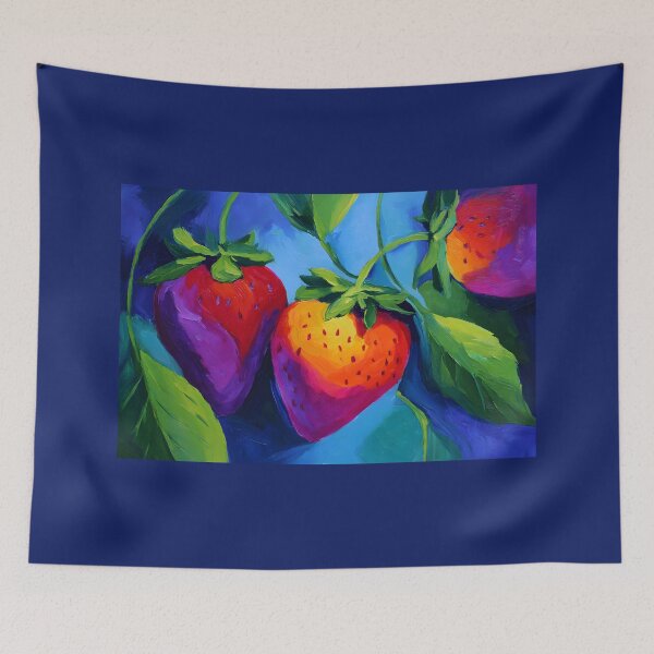 Item preview, Vivid Strawberries in Rich Red Purple and Orange Hues Surrounded by Lush Green Leaves Against Bold Blue Background designed and sold by OlfactoART Studio.