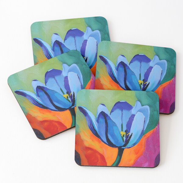 Item preview, Brilliant Blue Tulip Bloom - Striking Flower Against Swirling Red Green and Purple Abstract Background designed and sold by OlfactoART Studio.