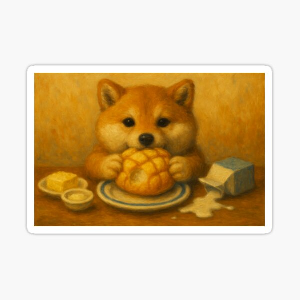 Item preview, Shiba Inu and Melon Bread Mishap - Milk Spill & Full Cheeks designed and sold by Butter Art Illustration .