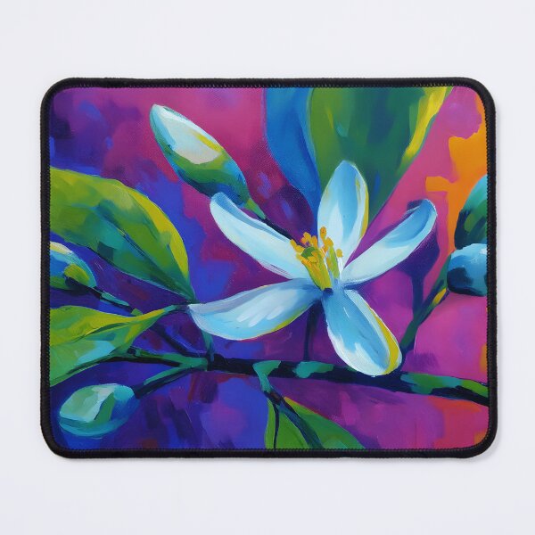 Item preview, Vibrant Lemon Blossom with Lush Green Leaves Against a Dynamic Blue Purple and Orange Background designed and sold by OlfactoART Studio.