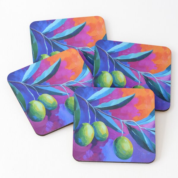 Item preview, Vibrant Olive Branch - Three Lush Green Olives with Elongated Leaves Against Bold Blue Pink and Orange Backdrop designed and sold by OlfactoART Studio.