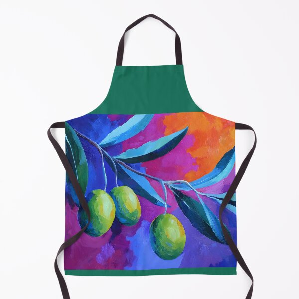 Item preview, Vibrant Olive Branch - Three Lush Green Olives with Elongated Leaves Against Bold Blue Pink and Orange Backdrop designed and sold by OlfactoART Studio.