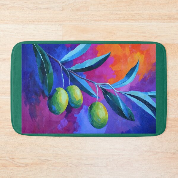 Item preview, Vibrant Olive Branch - Three Lush Green Olives with Elongated Leaves Against Bold Blue Pink and Orange Backdrop designed and sold by OlfactoART Studio.