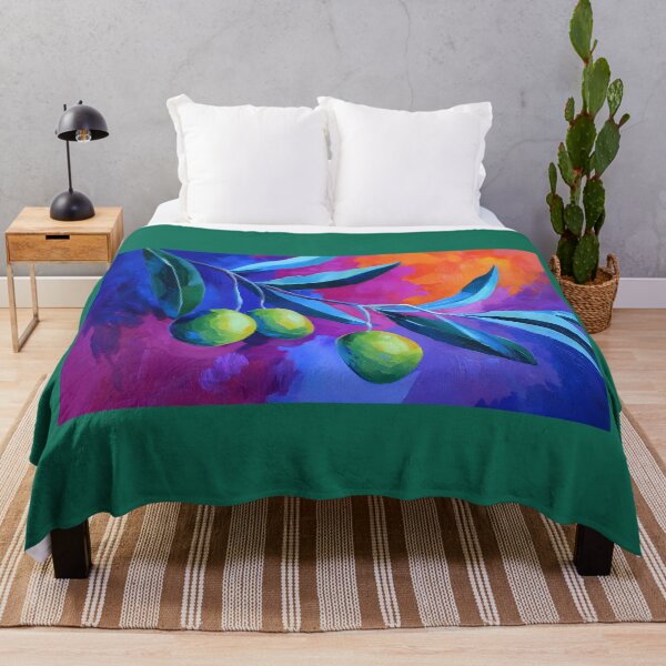 Item preview, Vibrant Olive Branch - Three Lush Green Olives with Elongated Leaves Against Bold Blue Pink and Orange Backdrop designed and sold by OlfactoART Studio.
