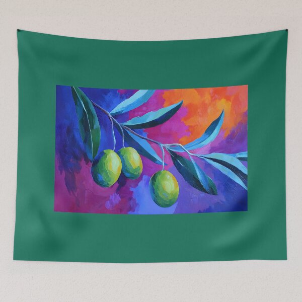 Item preview, Vibrant Olive Branch - Three Lush Green Olives with Elongated Leaves Against Bold Blue Pink and Orange Backdrop designed and sold by OlfactoART Studio.