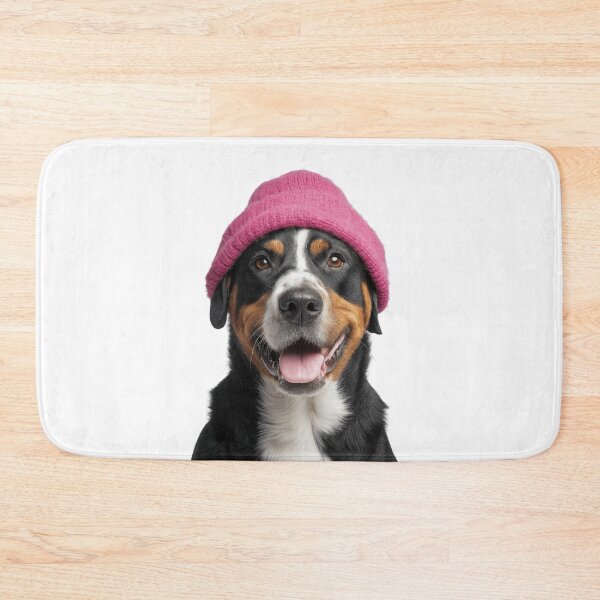 Artikelvorschau, Gemütlicher Großer Schweizer Sennenhund mit rosa Wintermütze, trendiges Tiermode-Kunstwerk entworfen und verkauft von LazyOwlStore.