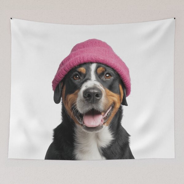 Item preview, Cozy Greater Swiss Mountain dog Wearing Pink Winter Hat Trendy Animal Fashion Artwork designed and sold by LazyOwlStore.