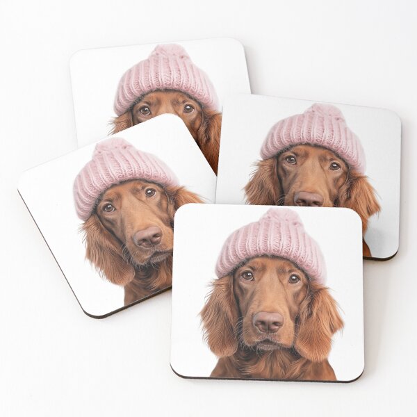 Item preview, Cozy Irish Setter dog Wearing Pink Winter Hat Trendy Animal Fashion Artwork designed and sold by LazyOwlStore.