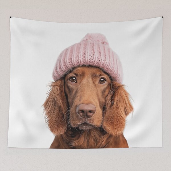 Item preview, Cozy Irish Setter dog Wearing Pink Winter Hat Trendy Animal Fashion Artwork designed and sold by LazyOwlStore.