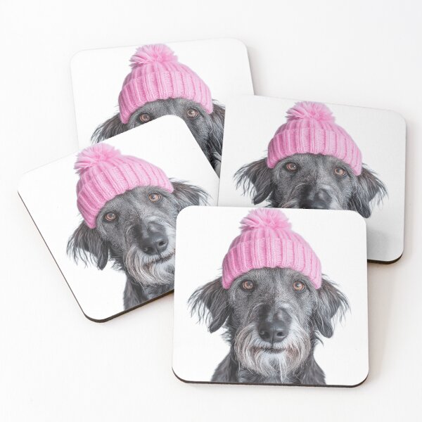 Item preview, Cozy Irish Wolfhound dog Wearing Pink Winter Hat Trendy Animal Fashion Artwork designed and sold by LazyOwlStore.