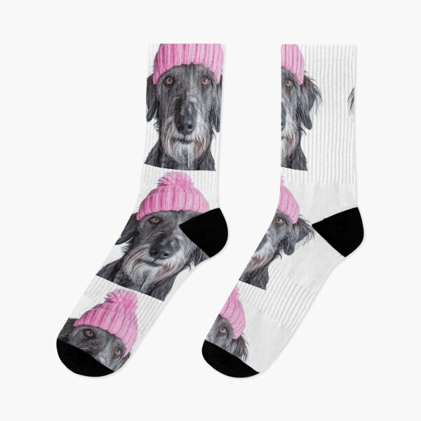 Item preview, Cozy Irish Wolfhound dog Wearing Pink Winter Hat Trendy Animal Fashion Artwork designed and sold by LazyOwlStore.