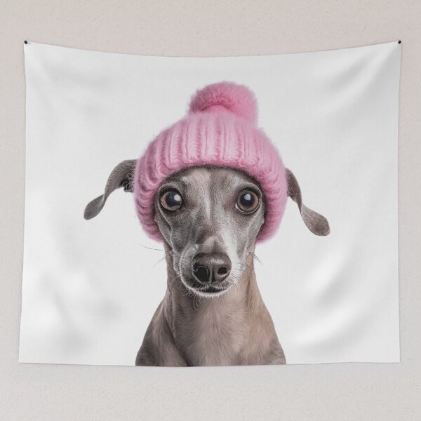 Item preview, Cozy Italian Greyhound dog Wearing Pink Winter Hat Trendy Animal Fashion Artwork designed and sold by LazyOwlStore.