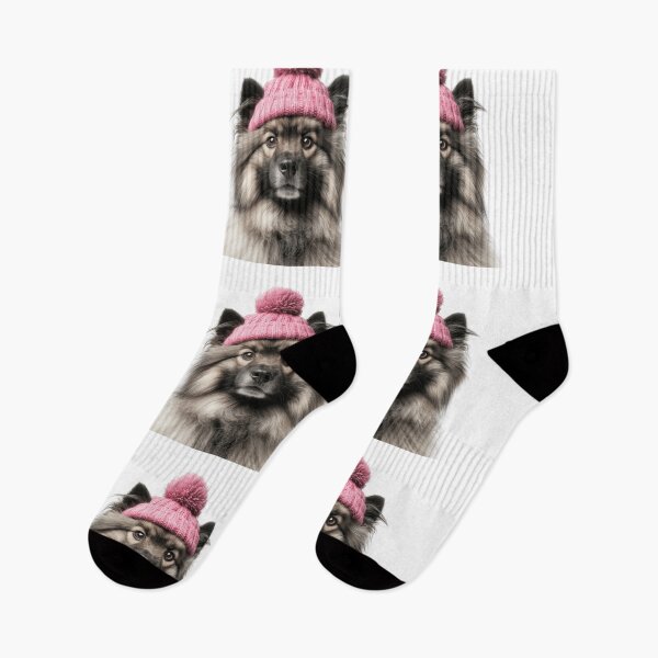 Item preview, Cozy Keeshond dog Wearing Pink Winter Hat Trendy Animal Fashion Artwork designed and sold by LazyOwlStore.