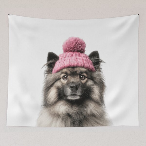 Item preview, Cozy Keeshond dog Wearing Pink Winter Hat Trendy Animal Fashion Artwork designed and sold by LazyOwlStore.
