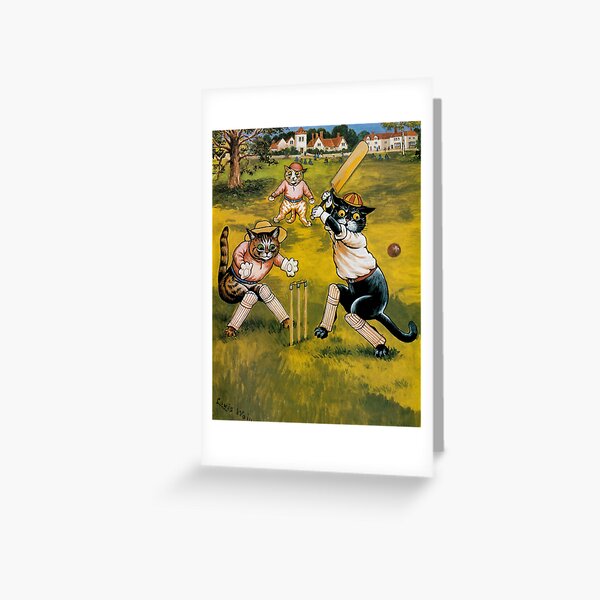 Vista previa del artículo con la obra «Ilustración vintage divertida de gatos jugando al críquet - Louis Wain - Para amantes de los gatos - Para aficionados al críquet», diseñado y vendido por Madcatsanddogs.