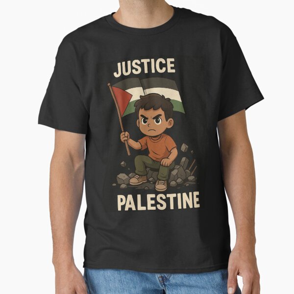Item preview, Fierce Young Boy Holding Palestine Flag on Rubble – Stand for Justice designed and sold by The-Onyxx.
