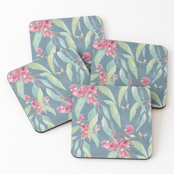 Item preview, Flowering Gum Blossoms and Bees on dusky blue designed and sold by Nadya Neklioudova.