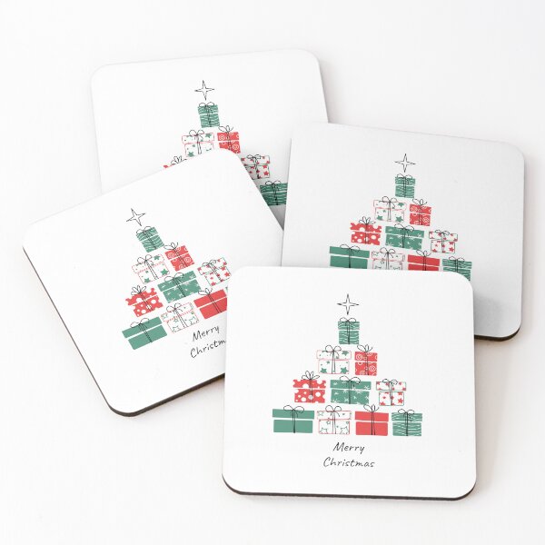 Item preview, Christmas gift boxes stacked in the shape of a tree with decorative patterns and a star on top, festive minimal vector illustration designed and sold by All-Of-Art.