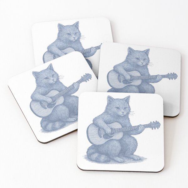 Item preview, Cat Playing Guitar Blue Monochrome Vintage Musician Sketch  designed and sold by HobbiesPrints.