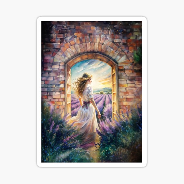Item preview, Young pretty woman looks through an archway at a lavender field designed and sold by Made-by-Gus.