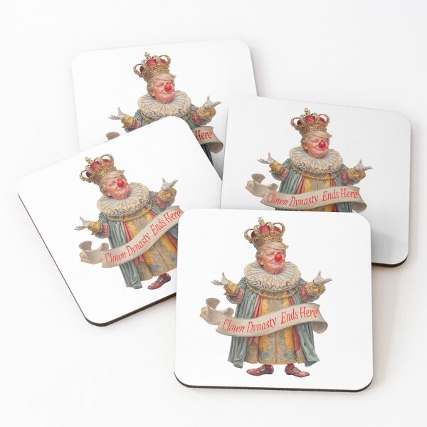 Item preview, Illustration of a regal figure with clown features, holding a banner and wearing a crown, conveying a satirical message about a political dynasty designed and sold by Ms. Iryna.