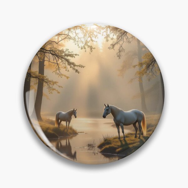 Item preview, Magical Sunrise Forest with two white horses & butterflies – Impressionist Dreamscape designed and sold by FotoworldEdel.
